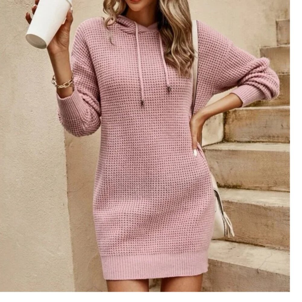 NWT Cozy Knit Drawstring Hoodie Sweater Dress Dusty Pink